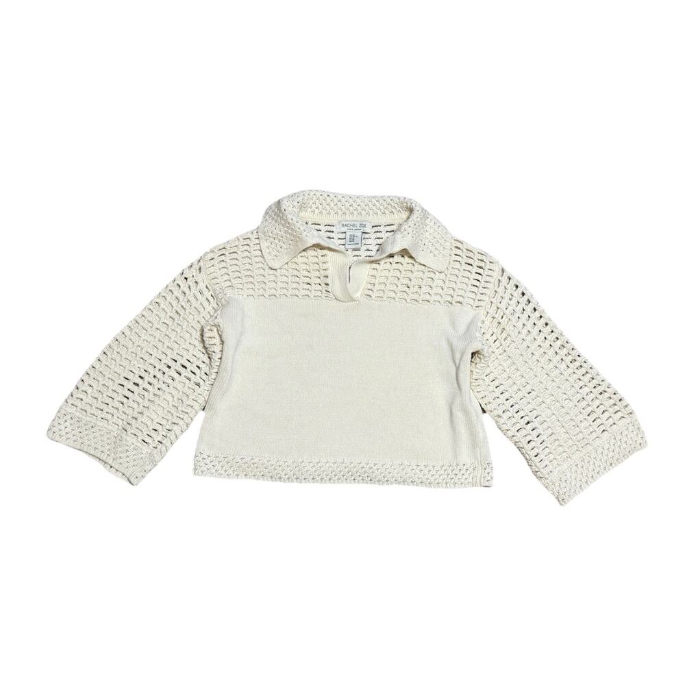 Rachel Zoe Cream Open Knit Collared Sweater XS Cotton Knit Pullover Top Cropped